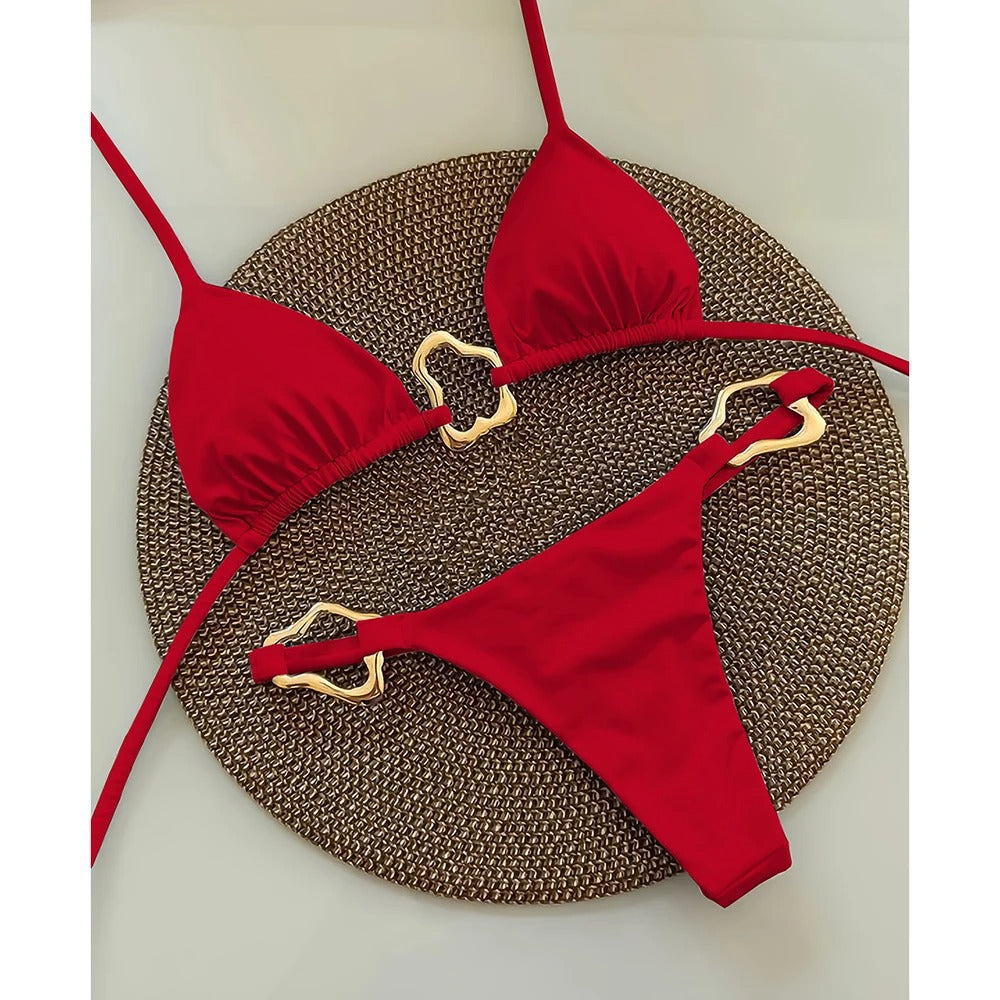 Heatwave Luxe Gold-Link Bikini Set – Red, Black, White