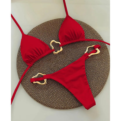 Heatwave Luxe Gold-Link Bikini Set – Red, Black, White