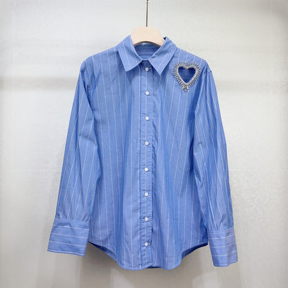 Long Sleeved Stripe Print Shirt With a Diamond Encrusted Heart Design Detail