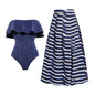 Nautical Chic Ruffle Swimsuit & Striped Midi Skirt Set