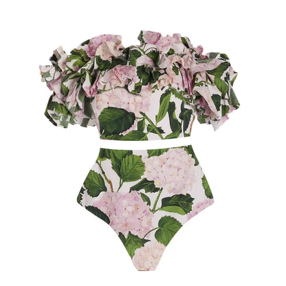Hydrangea Print Ruffle Bikini & Maxi Skirt Set