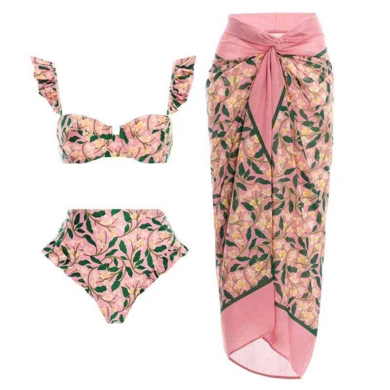 Three-piece Set of Retro Style Print Swimsuits Paired with a Matching Sarong in Multiple Designs