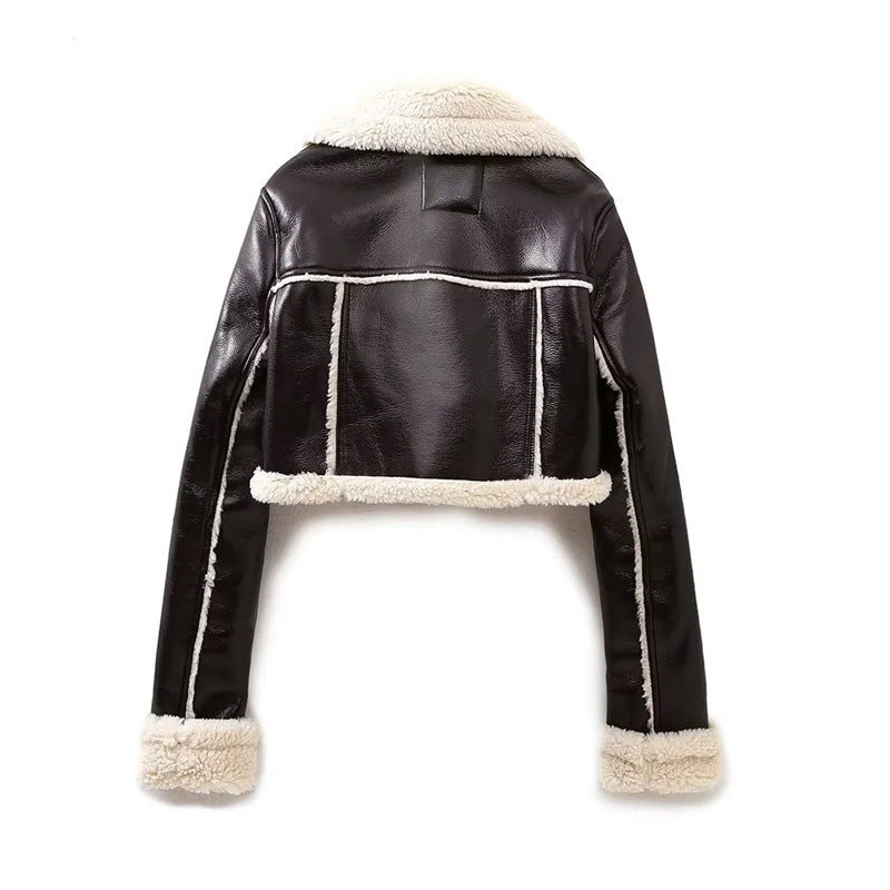 Women's Thick Warm Faux Leather Shearling Cropped Vintage Style Jacket