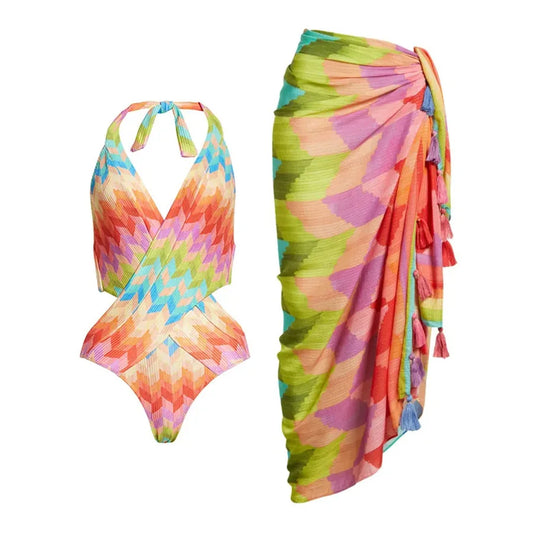 Tropical Mirage Cutout Swimsuit & Tassel Sarong Set