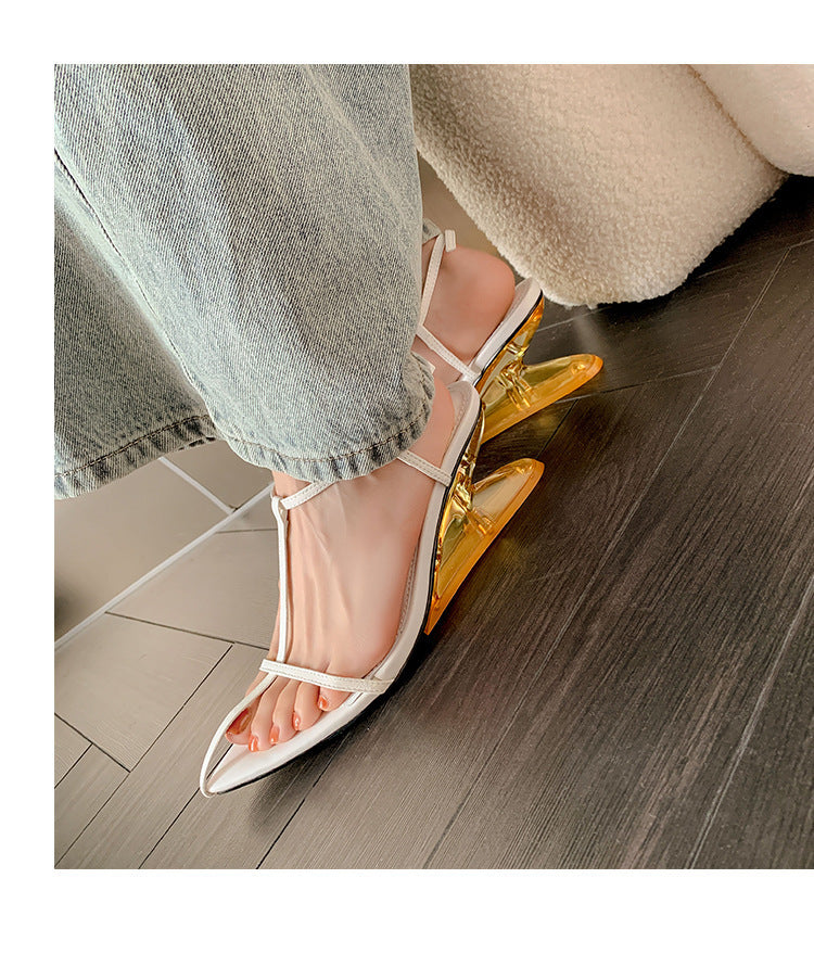 Pointy Toe T-strap Leather Sandal with a Clear Slope Heel