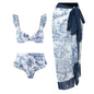 Three-piece Set of Retro Style Print Swimsuits Paired with a Matching Sarong in Multiple Designs