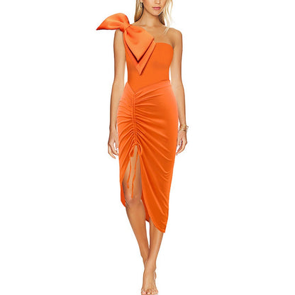 Tangerine Luxe One-Shoulder Swimsuit & Ruched Skirt Set