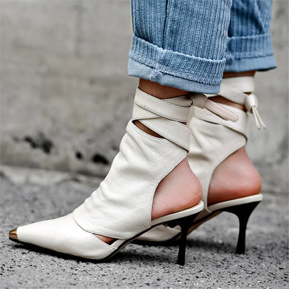 Viper Edge Cutout Ankle Wrap Heels – Black | Tan | White