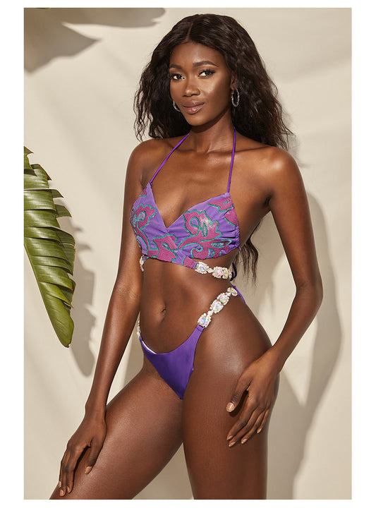 Purple Embellished Luxe Bikini Set