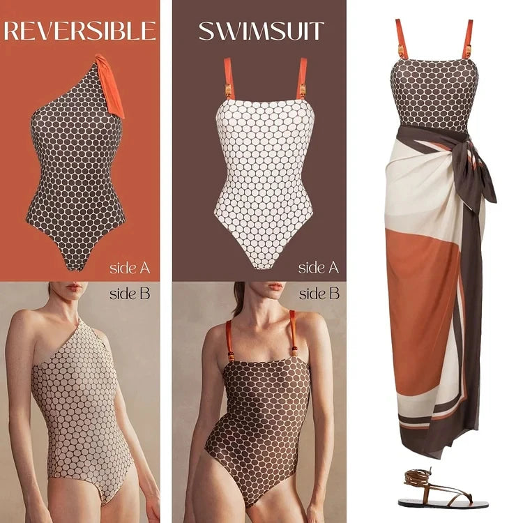Reversible Retro Dot One-Piece Swimsuit with Colorblock Sarong - 2-in-1 Beach Set