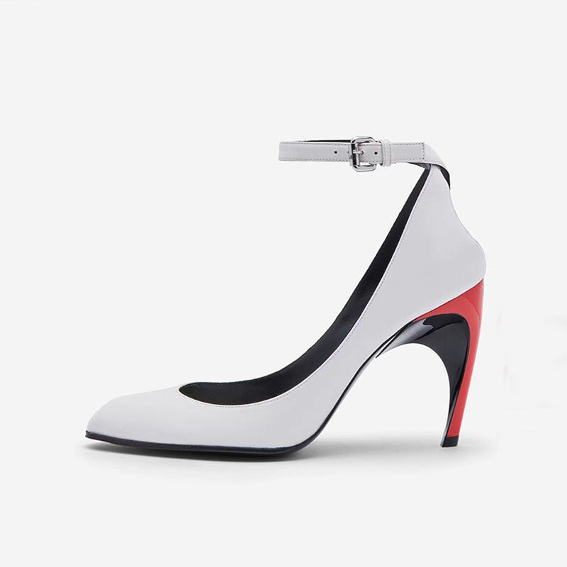 Aria Sculptural Ankle-Strap Pointed-Toe Leather Pumps