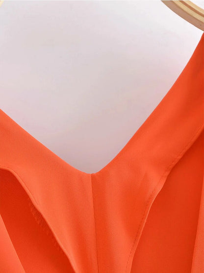 TRAF Summer Woman Dresses Orange Satin Long Dress Women  Short Sleeve Oversize Midi Tunic Dress Ruched Casual Dresses