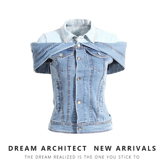 Cool Folding Sleeves Off the Shoulder Denim Shirt