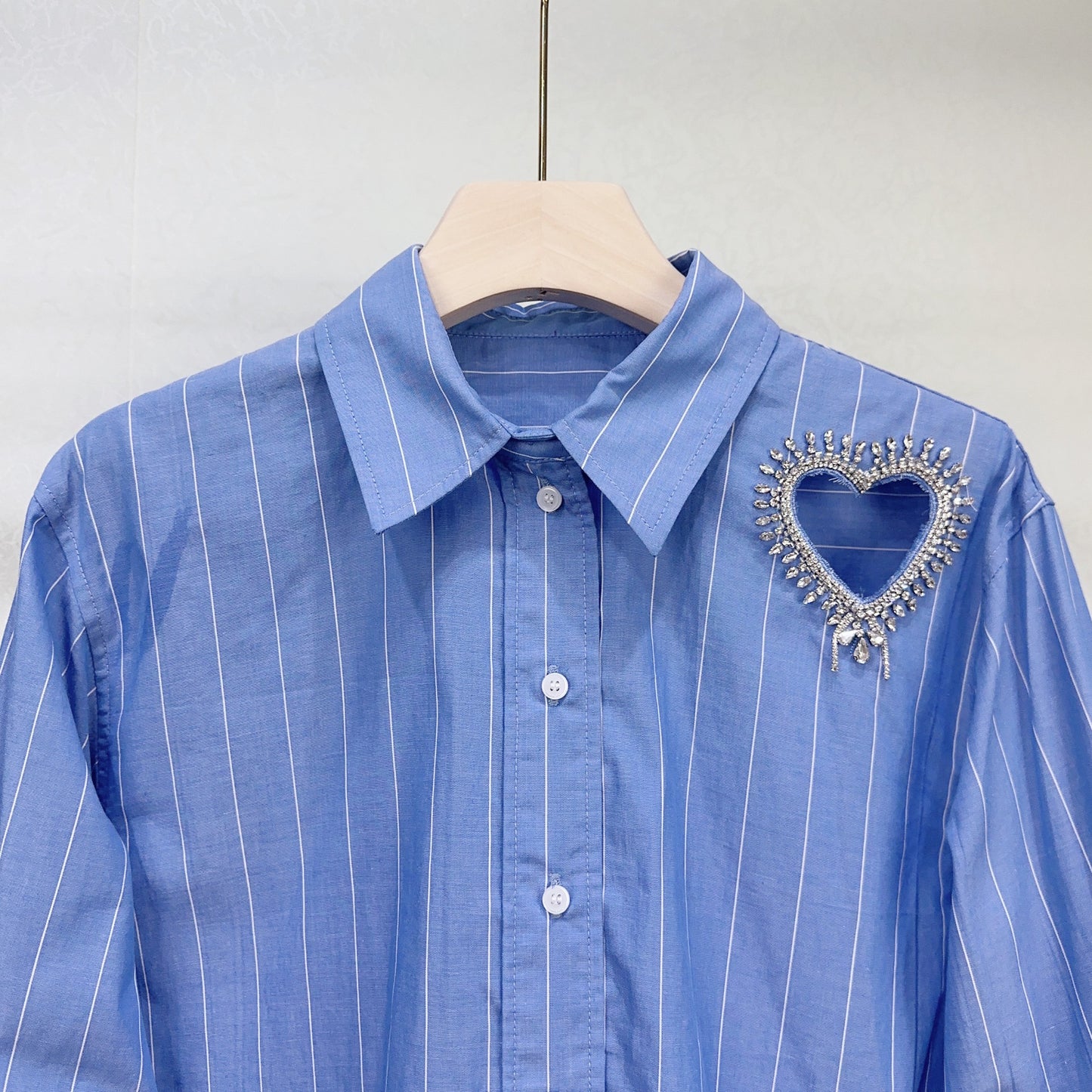 Long Sleeved Stripe Print Shirt With a Diamond Encrusted Heart Design Detail