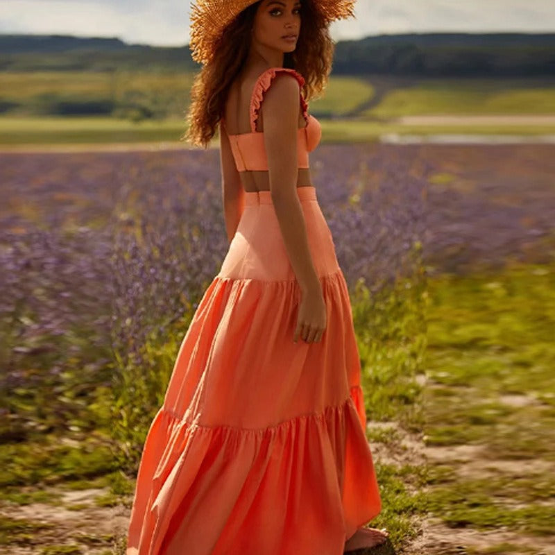 Sunset Ruffle Bikini & Tiered Maxi Skirt Set