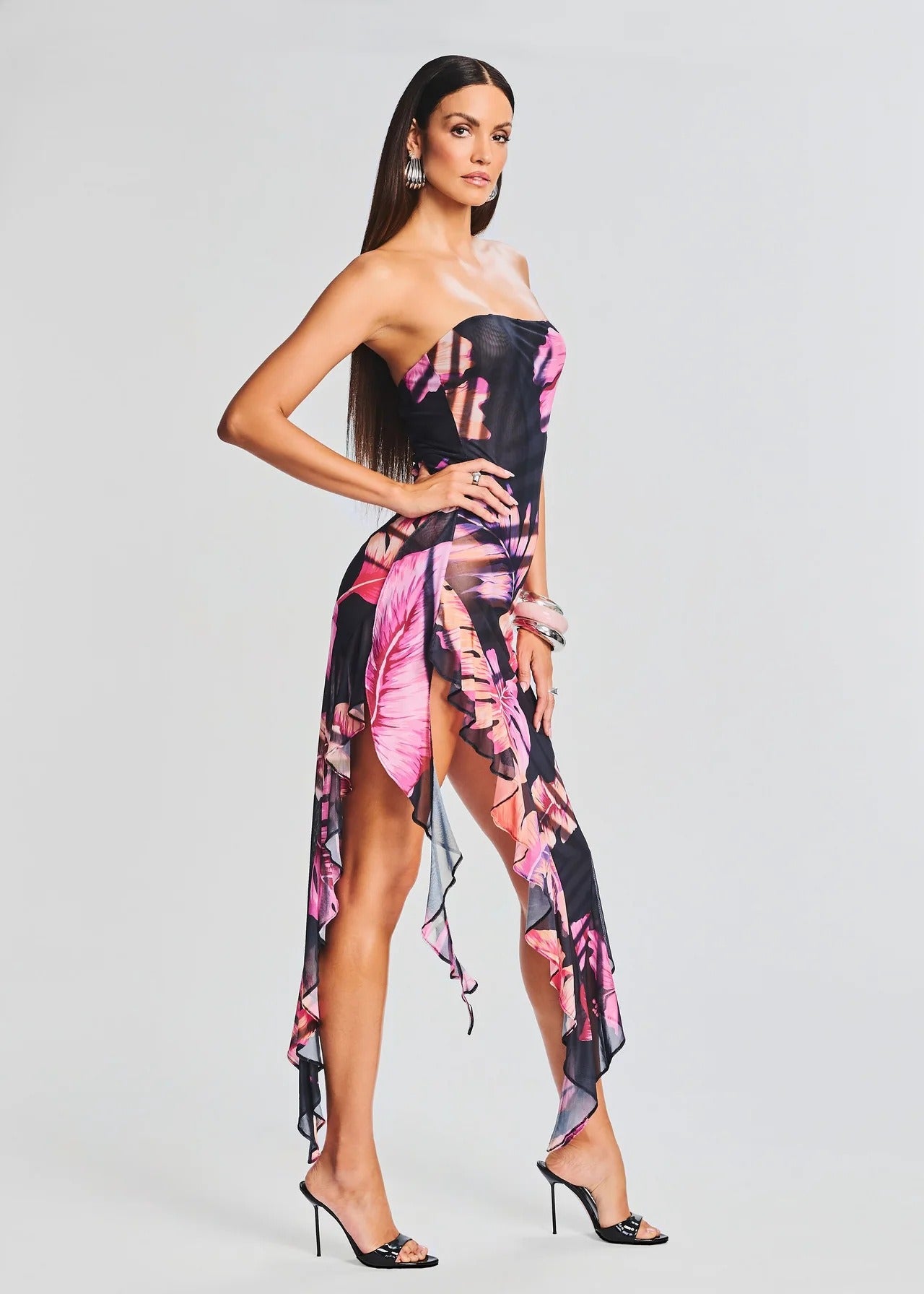 Sleeveless Slim Fitting Print Dress with a Thigh Slit and Asymmetrical Hem