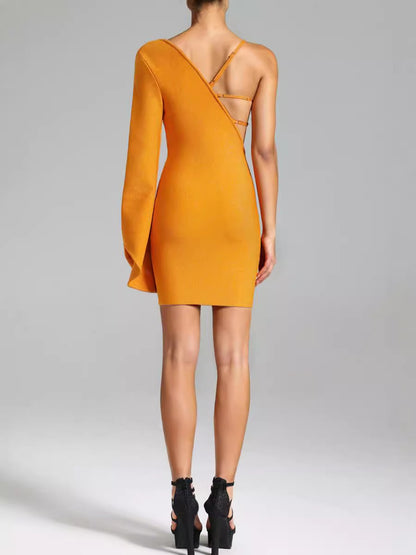 Orange Flower Sequin Design Sexy One Shoulder Long Sleeve