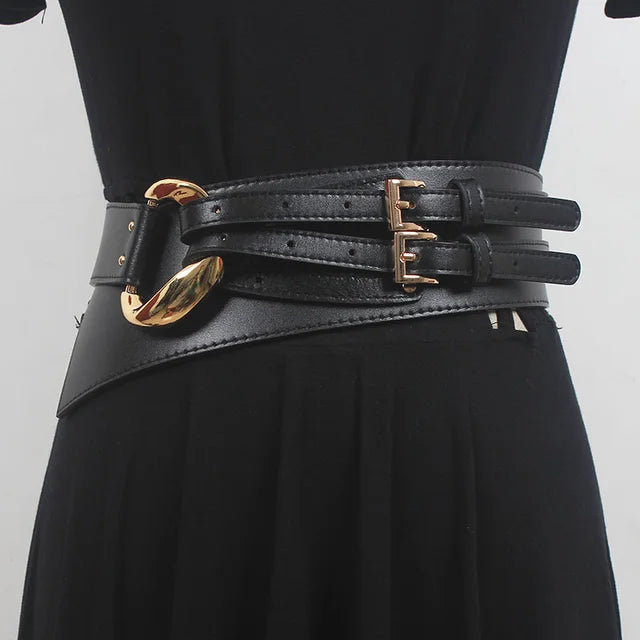 Double Buckle Waist Belt in Black, Coffee, Dark Grey, Caramel, and Apricot – Bold, Chic, and Figure-Flattering