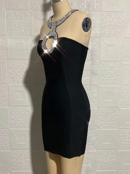 Chic Diamonds Encrusted Halter Little Black Dress