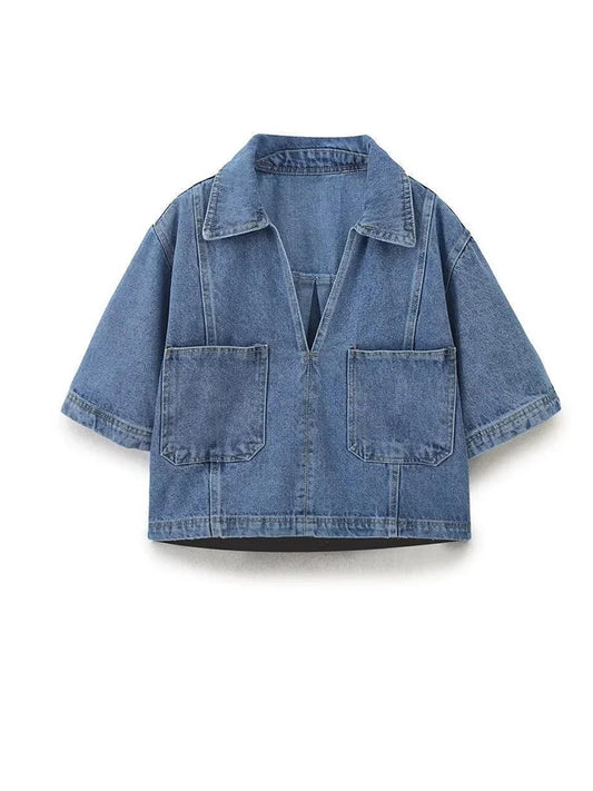 Cropped V-Neck Denim Shacket with Oversized Patch Pockets