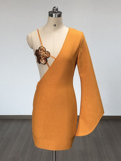 Orange Flower Sequin Design Sexy One Shoulder Long Sleeve