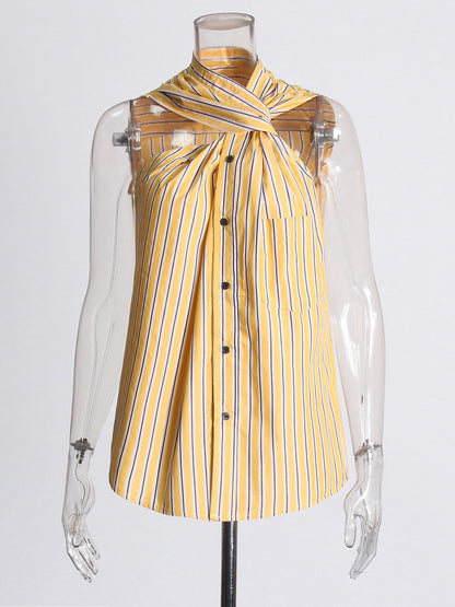 Sleeveless Pin Stripe Shirt, Stylish and Edgy with a Twisted Collar