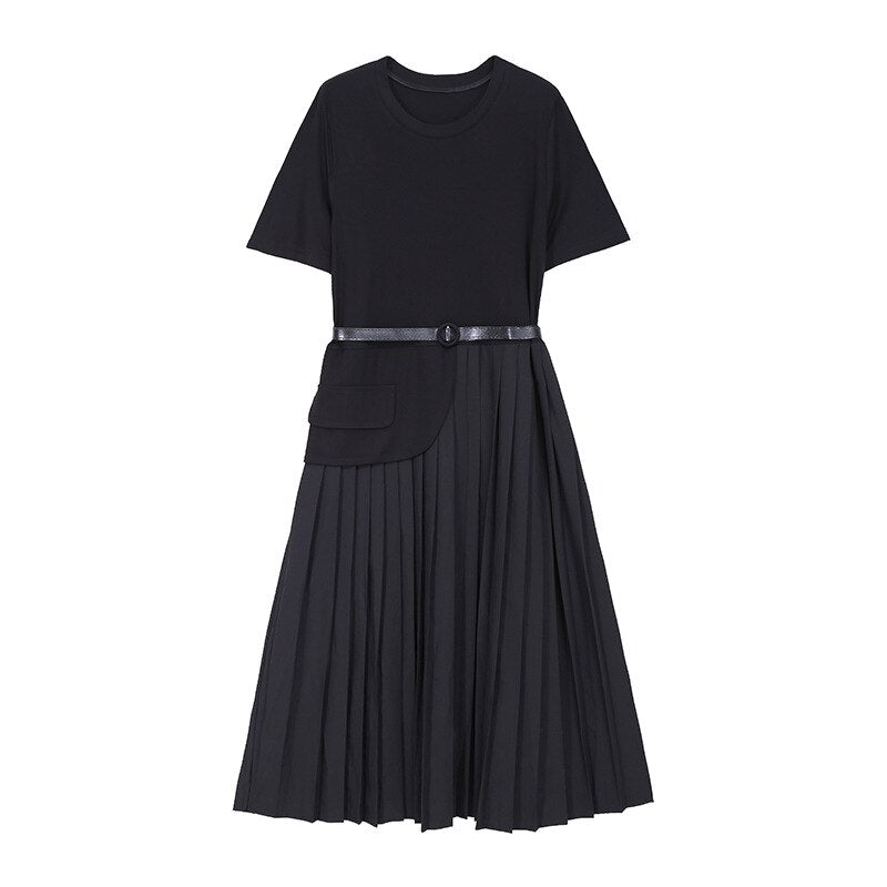 Belted  Apricot and Black Pleated Midi Dresses– Sophisticated, Structured, and Effortlessly Chic