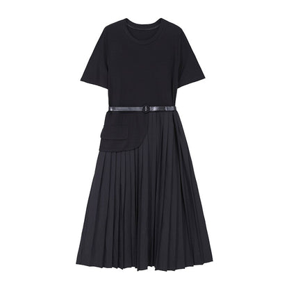 Belted  Apricot and Black Pleated Midi Dresses– Sophisticated, Structured, and Effortlessly Chic