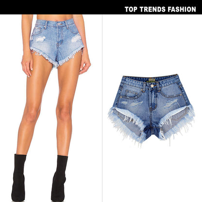 Women's High-Waisted  Washed And Polished Jean Short Shorts with Fringe