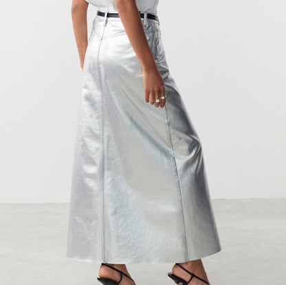 Silver Faux Leather High Waisted Ankle Length Skirts with Front Slit