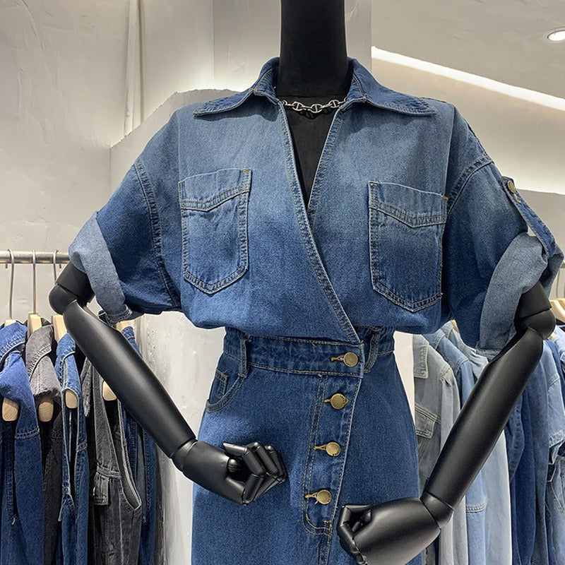 Stylish V-neck retro design denim dress for women