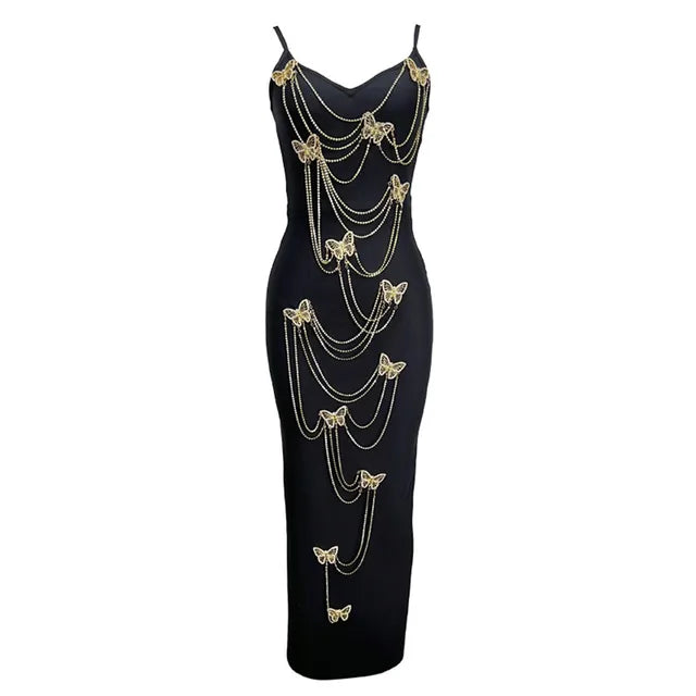 Fashionable Black Figure Accentuating Dress with Embroidered Butterfly Bead Chains