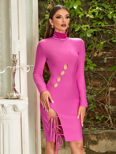 Long Sleeve Women Midi Bandage Dress With Asymmetrical Cut-Outs