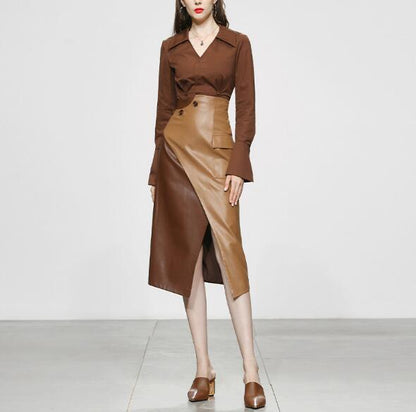 New Women's Two-Piece Brown Shirt Shirt +  Faux Leather Long Skirt in Two Tones