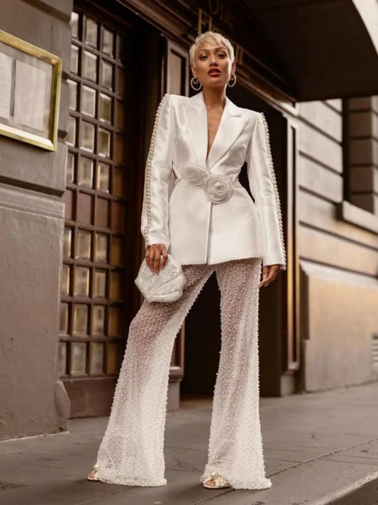 Fashionable Two Piece Set, Long sleeves Backless Blazer and Sheet Pants with Side Slits