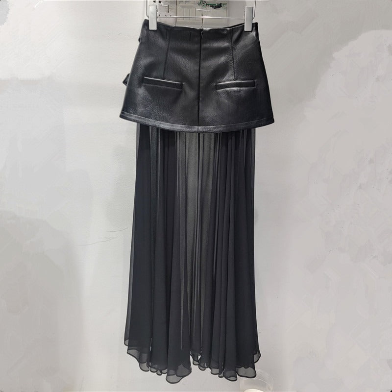 Stylish Faux Leather Skirt with Sheer Pleated Panels