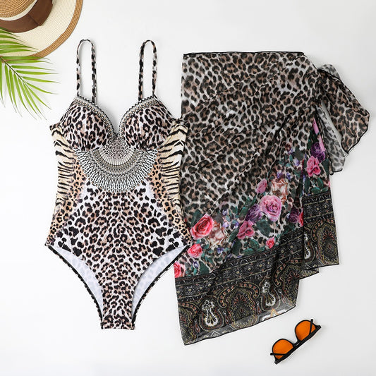 One-piece Leopard Print Swimsuit Paired With a Stunning Gathered Sarong.