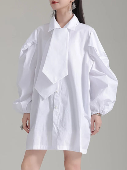 Stylish Shirt Dress for Women With Oversized Tie and Puff Sleeves, Available in Black and White
