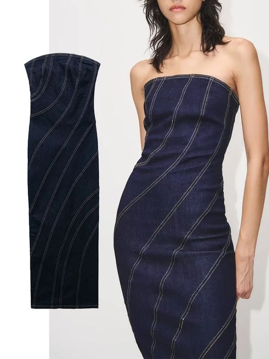 Elegant Strapless Bodycon Denim Midi Dress