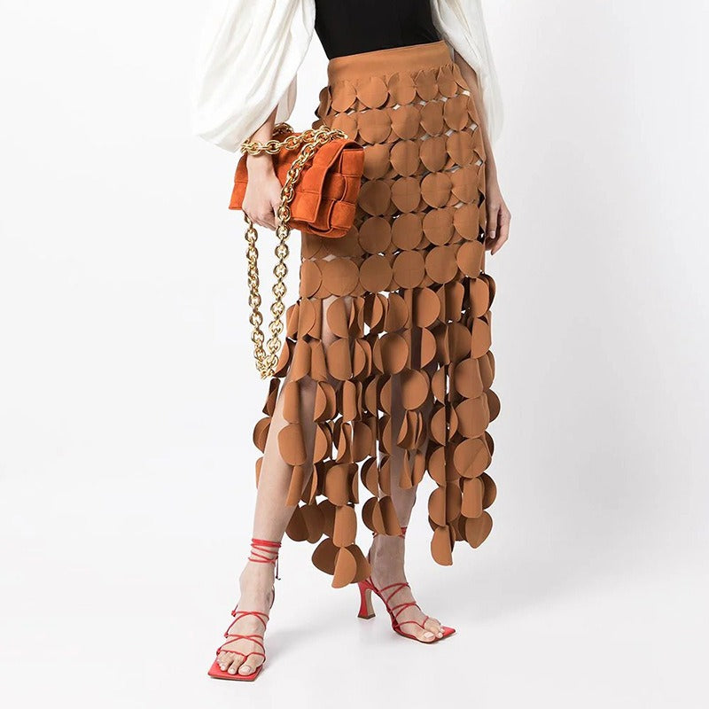 High Waisted Skirt with Circular Spliced Fringe