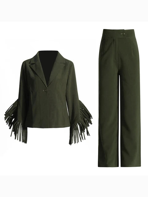 Fashionable Two-Piece Matching Set of Long Sleeves Blazer With Tassel Design +High Waist Straight Leg Pants