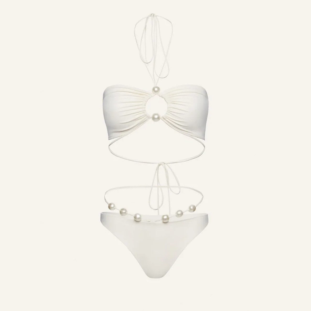 Pearl Accent Cut-Out Bikini Set – Ivory Elegance