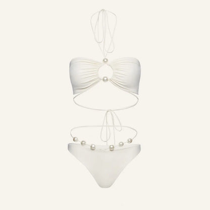 Pearl Accent Cut-Out Bikini Set – Ivory Elegance