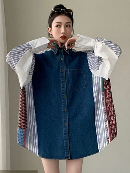 Fashionable Mixed Material Denim  Long Sleeves Shirt For Women