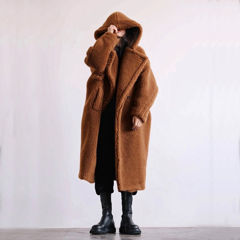 Fashionable Faux Lamb Wool Women's Long Coat with a Hood