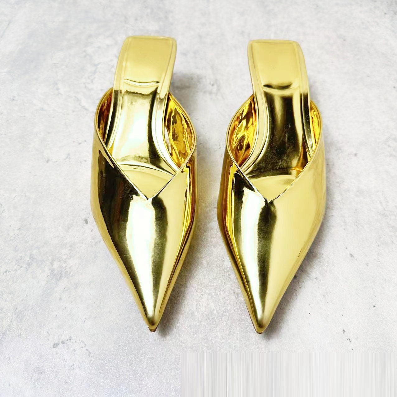 “Liquid Gold” Mirror Metallic Pointed-Toe V-Mule Flats