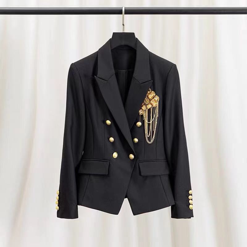 Women's Double Breasted Black  Blazer With Gold Embellishments