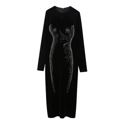 Long Sleeve Velvet Midi Dress With Rhinestone Design