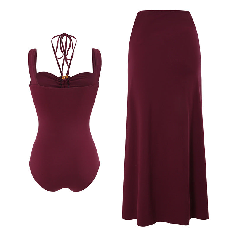 Bordeaux Luxe Ruched Swimsuit & Skirt Set