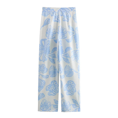 Sky-Blue Floral Two-Piece Shirt & Trousers Set